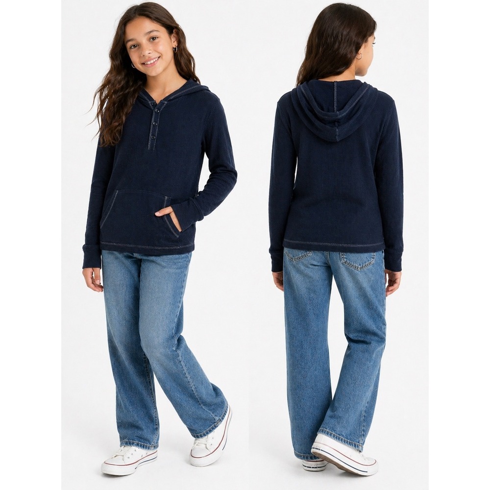 Faded Glory Waffle Knit Hoodie Kids XL 16-18 Navy Blue Henley Pullover Gorpcore